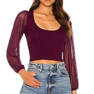 Free People Plum Scoop-Neck Crop Top with Sheer Long Sleeves